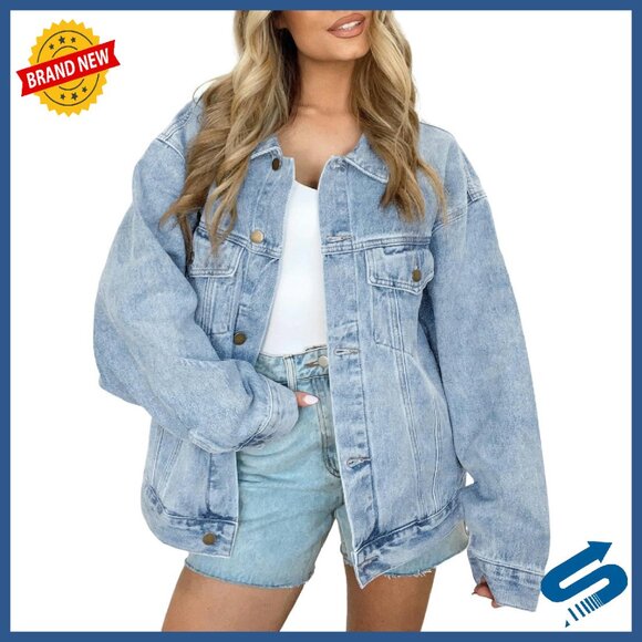 Oversized Denim Jacket Boyfriend Fit Button Down Chest Pockets - Picture 1 of 6